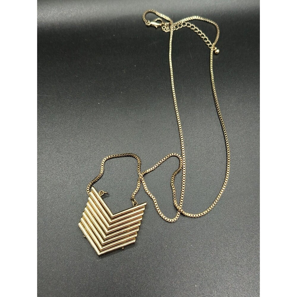 Gold Tone Layered Chevron Pendant Necklace Geometric Statement Box Chain